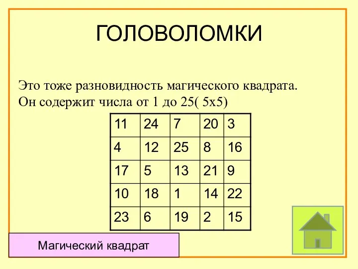 ГОЛОВОЛОМКИ Это тоже разновидность магического квадрата. Он содержит числа от 1