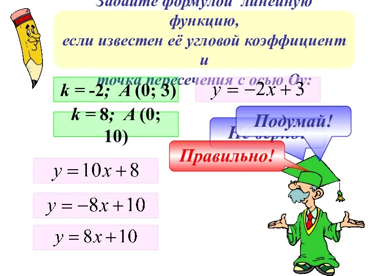 Задайте формулой линейную функцию, если известен её угловой коэффициент и точка