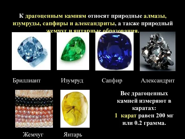 К драгоценным камням относят природные алмазы, изумруды, сапфиры и александриты, а
