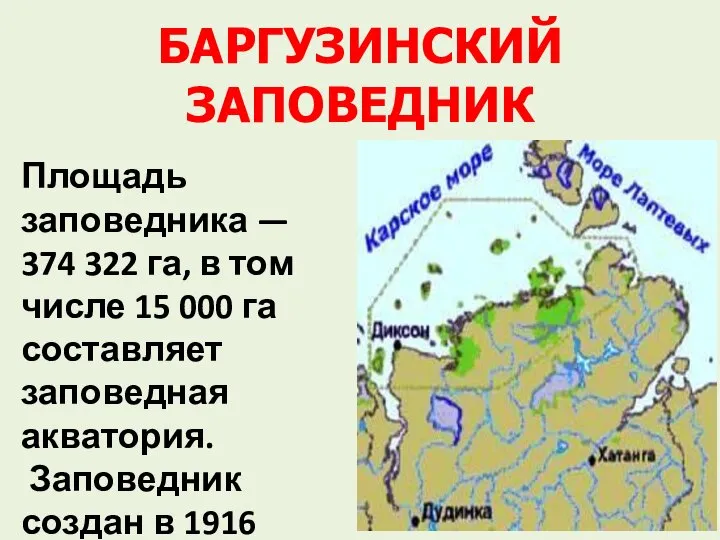 БАРГУЗИНСКИЙ ЗАПОВЕДНИК Площадь заповедника — 374 322 га, в том числе