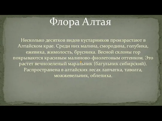 Несколько десятков видов кустарников произрастают в Алтайском крае. Среди них малина,