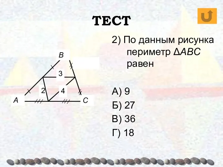 ТЕСТ 2) По данным рисунка периметр ΔABC равен А) 9 Б) 27 В) 36 Г) 18