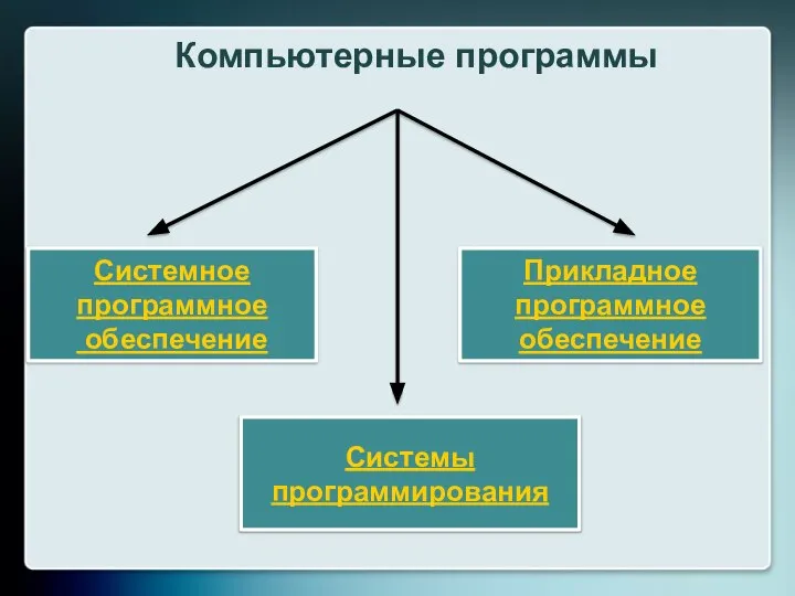 Прикладное программное обеспечение Системное программное обеспечение Системы программирования Компьютерные программы