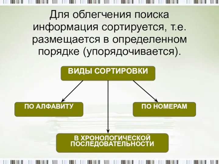 Для облегчения поиска информация сортируется, т.е. размещается в определенном порядке (упорядочивается).