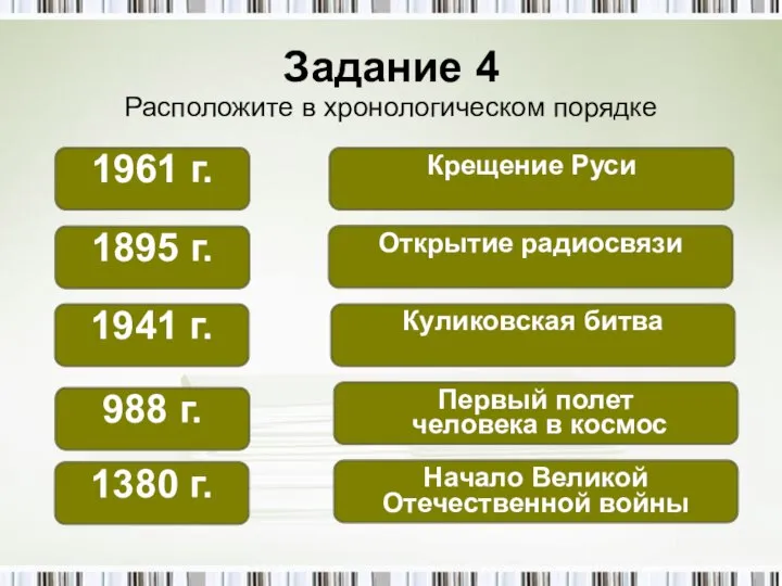 Задание 4 Расположите в хронологическом порядке 988 г. Первый полет человека