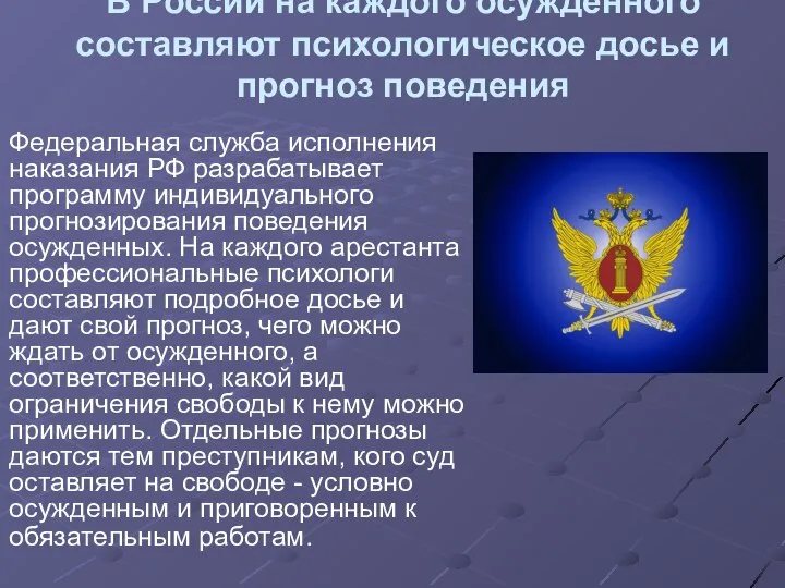 В России на каждого осужденного составляют психологическое досье и прогноз поведения