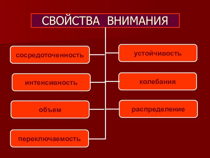 СВОЙСТВА ВНИМАНИЯ сосредоточенность устойчивость интенсивность колебания объем распределение переключаемость