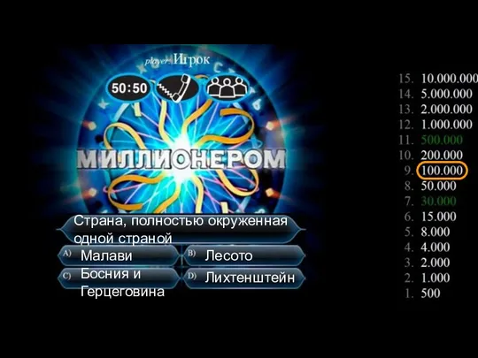 Страна, полностью окруженная одной страной Малави Босния и Герцеговина Лесото Лихтенштейн