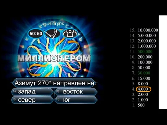 Азимут 270* направлен на: запад восток север юг