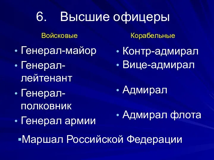 Высшие офицеры Генерал-майор Генерал-лейтенант Генерал-полковник Генерал армии Контр-адмирал Вице-адмирал Адмирал Адмирал