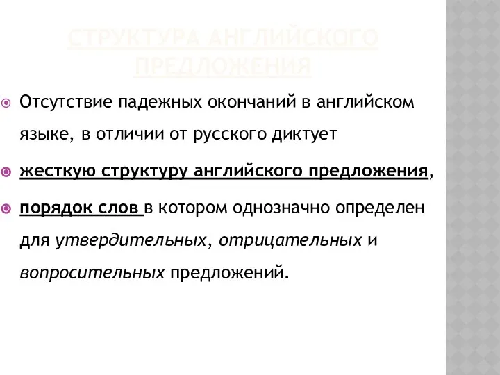 Структура английского предложения Отсутствие падежных окончаний в английском языке, в отличии