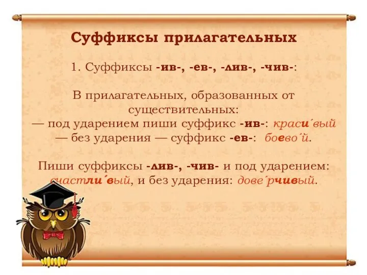 Суффиксы прилагательных 1. Суффиксы -ив-, -ев-, -лив-, -чив-: В прилагательных, образованных