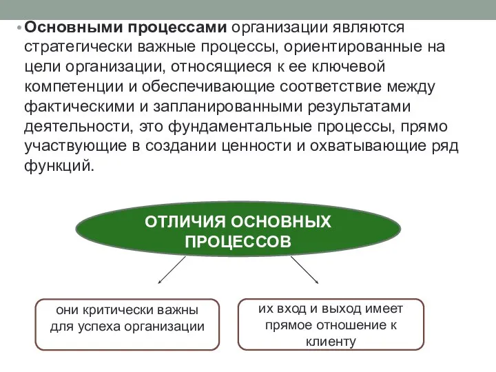 Основными процессами организации являются стратегически важные процессы, ориентированные на цели организации,