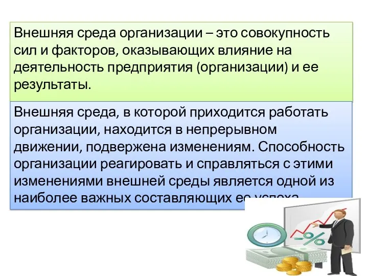 Внешняя среда организации – это совокупность сил и факторов, оказывающих влияние