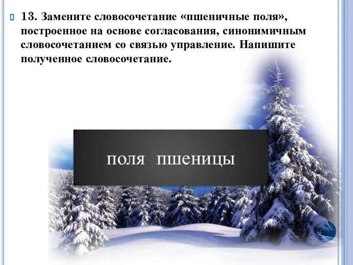 13. Замените словосочетание «пшеничные поля», построенное на основе согласования, синонимичным словосочетанием