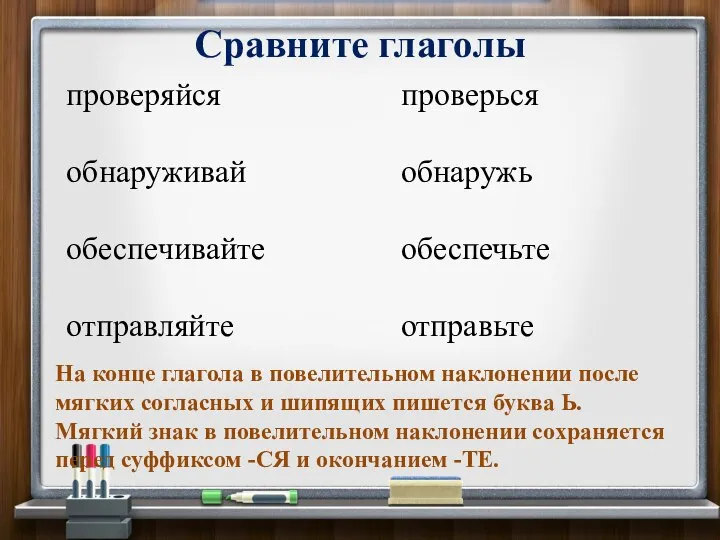 Сравните глаголы проверься обнаружь обеспечьте отправьте На конце глагола в повелительном