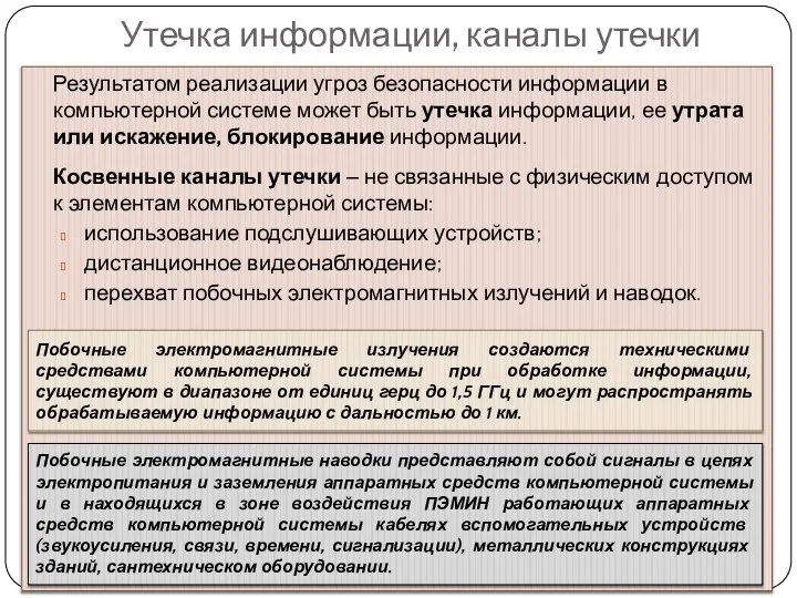 Утечка информации, каналы утечки Результатом реализации угроз безопасности информации в компьютерной