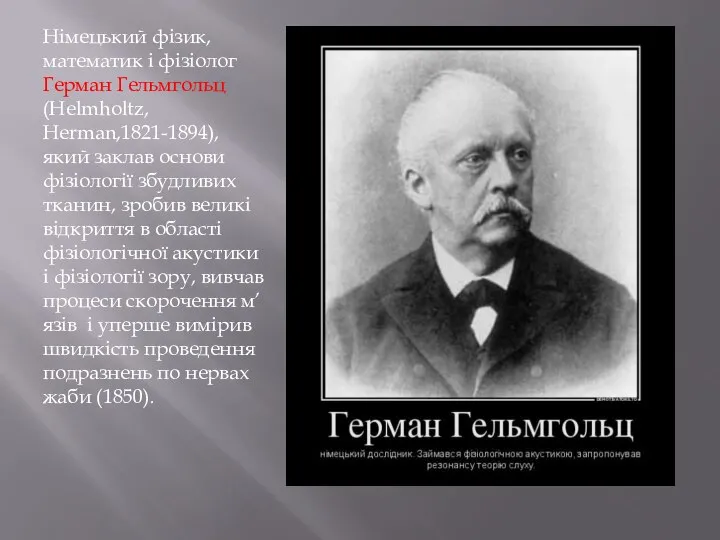 Німецький фізик, математик і фізіолог Герман Гельмгольц (Helmholtz, Herman,1821-1894), який заклав