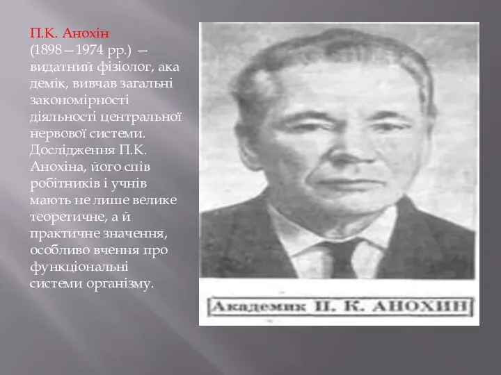 П.К. Анохін (1898—1974 рр.) — видатний фізіолог, ака­демік, вивчав загальні закономірності