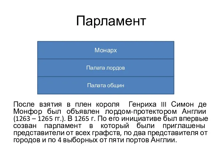 Парламент После взятия в плен короля Генриха III Симон де Монфор