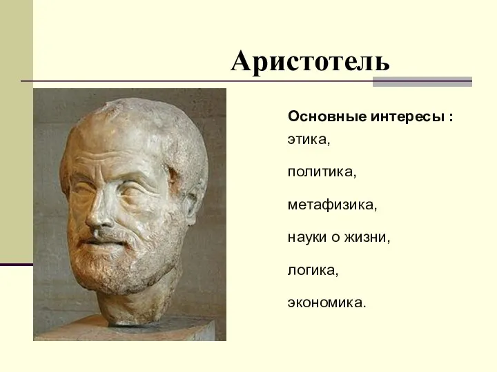 Основные интересы : этика, политика, метафизика, науки о жизни, логика, экономика. Аристотель