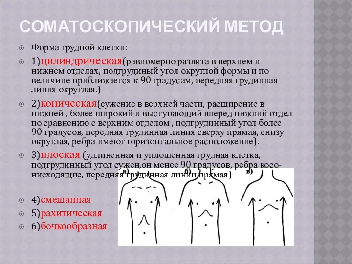 СОМАТОСКОПИЧЕСКИЙ МЕТОД Форма грудной клетки: 1)цилиндрическая(равномерно развита в верхнем и нижнем