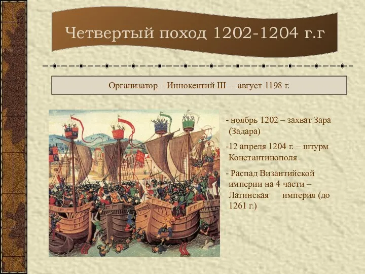 Четвертый поход 1202-1204 г.г Организатор – Иннокентий III – август 1198