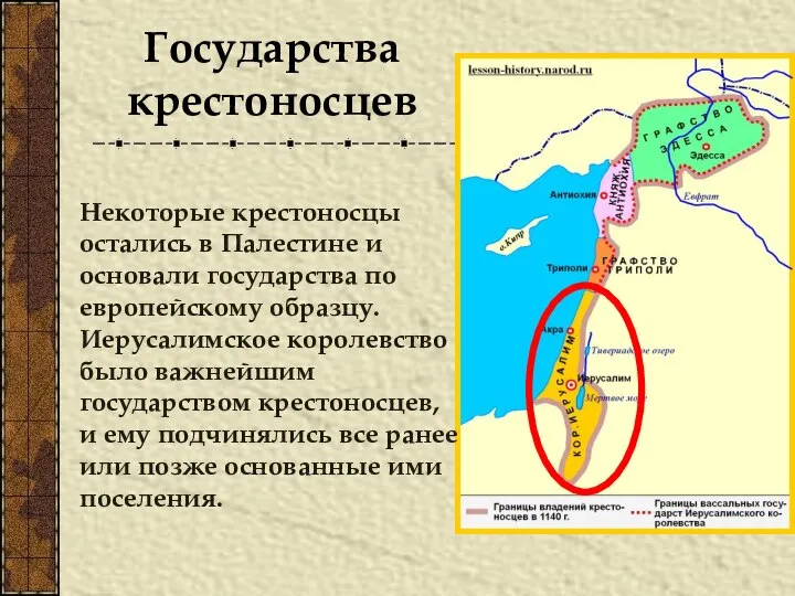 Некоторые крестоносцы остались в Палестине и основали государства по европейскому образцу.