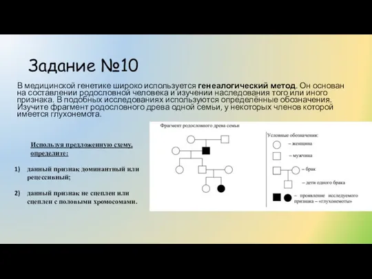 Задание №10 В медицинской генетике широко используется генеалогический метод. Он основан