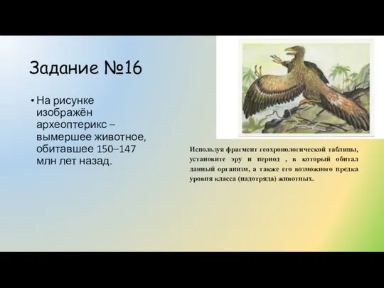 Задание №16 На рисунке изображён археоптерикс – вымершее животное, обитавшее 150–147