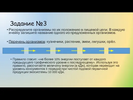 Задание №3 Распределите организмы по их положению в пищевой цепи. В