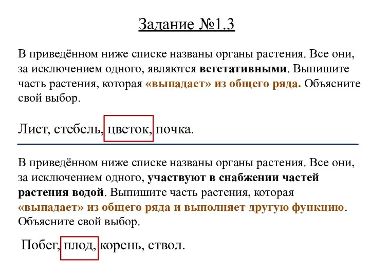 В приведённом ниже списке названы органы растения. Все они, за исключением