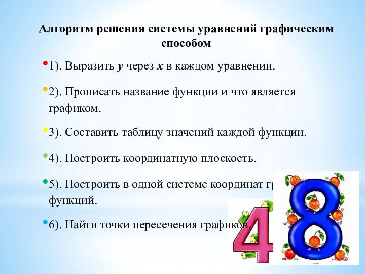 1). Выразить y через x в каждом уравнении. 2). Прописать название