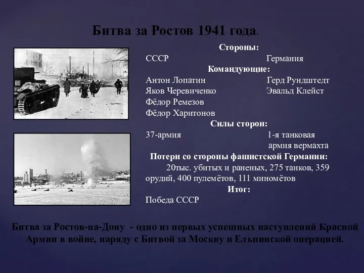 Битва за Ростов 1941 года. Стороны: СССР Германия Командующие: Антон Лопатин