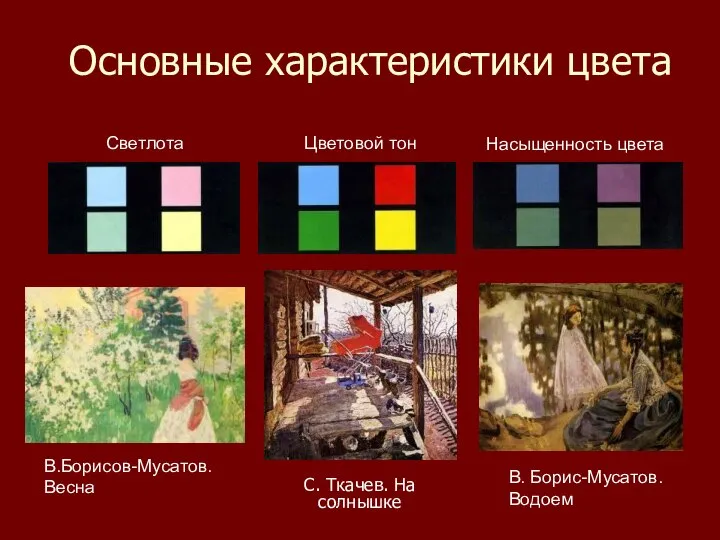 Основные характеристики цвета С. Ткачев. На солнышке В.Борисов-Мусатов. Весна В. Борис-Мусатов.