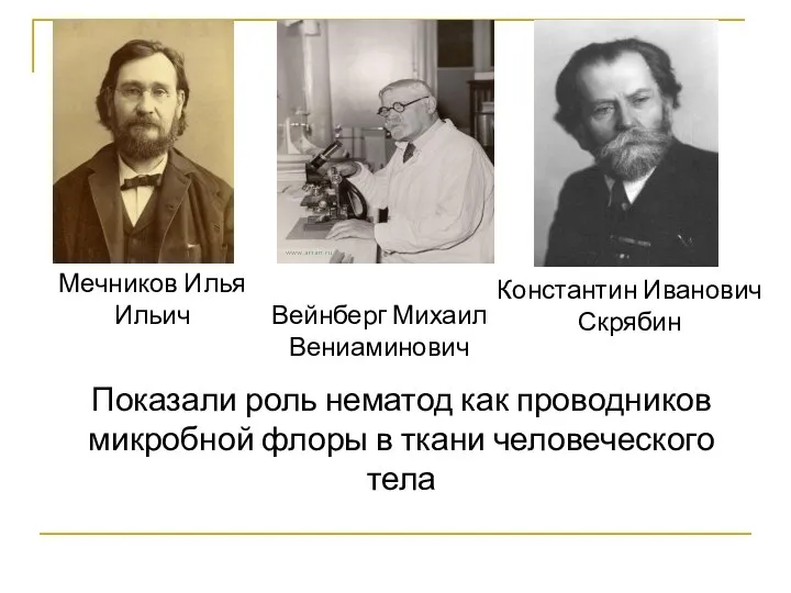 Константин Иванович Скрябин Вейнберг Михаил Вениаминович Мечников Илья Ильич Показали роль