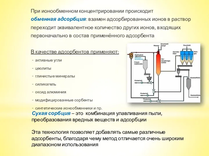 При ионообменном концентрировании происходит обменная адсорбция: взамен адсорбированных ионов в раствор