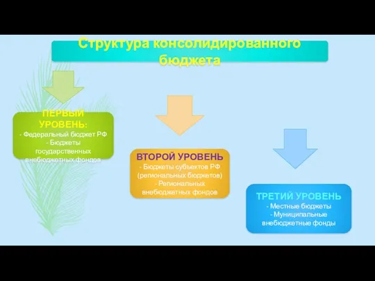 Структура консолидированного бюджета ПЕРВЫЙ УРОВЕНЬ: - Федеральный бюджет РФ - Бюджеты