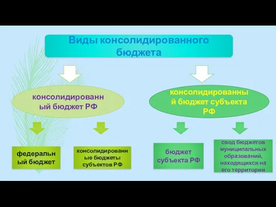 Виды консолидированного бюджета консолидированный бюджет РФ консолидированный бюджет субъекта РФ федеральный