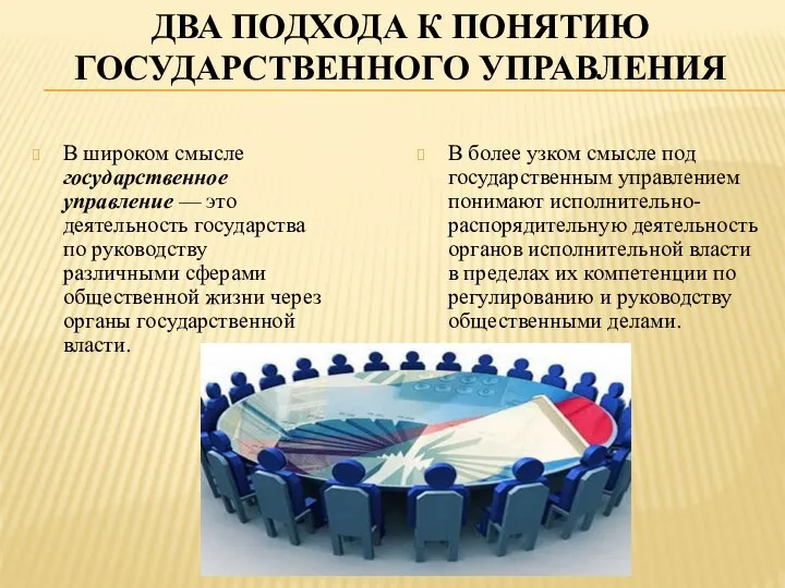 два подхода к понятию государственного управления В широком смысле государственное управление