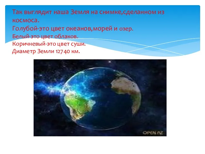 Так выглядит наша Земля на снимке,сделанном из космоса. Голубой-это цвет океанов,морей
