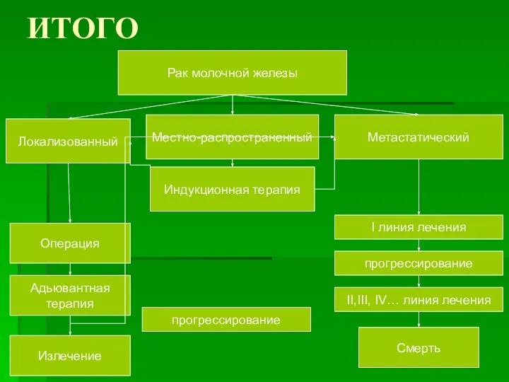 ИТОГО Рак молочной железы Локализованный Местно-распространенный Метастатический Операция Адьювантная терапия Излечение