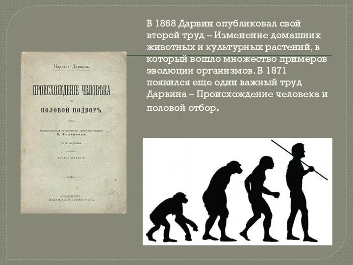 В 1868 Дарвин опубликовал свой второй труд – Изменение домашних животных