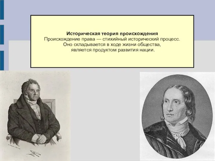 Историческая теория происхождения Происхождение права — стихийный исторический процесс. Оно складывается