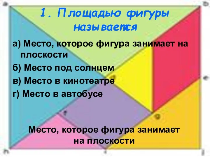 1. Площадью фигуры называется а) Место, которое фигура занимает на плоскости