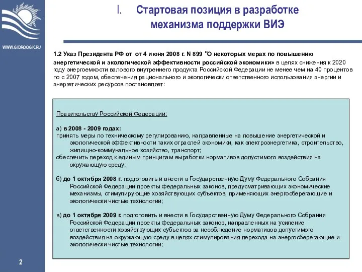 Стартовая позиция в разработке механизма поддержки ВИЭ 1.2 Указ Президента РФ