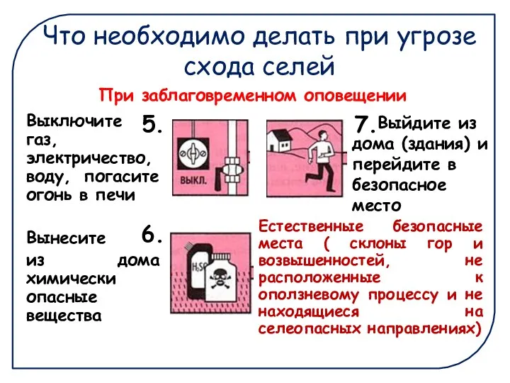 Что необходимо делать при угрозе схода селей Выключите газ, электричество, воду,