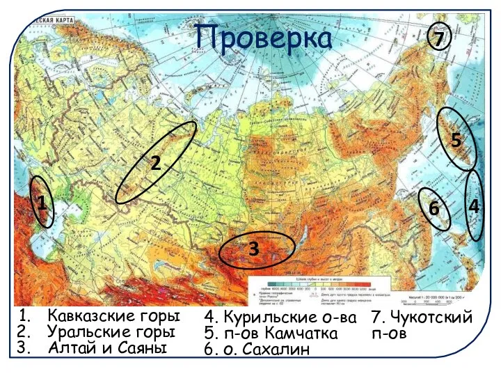 1 3 2 7 6 5 4 Кавказские горы Уральские горы