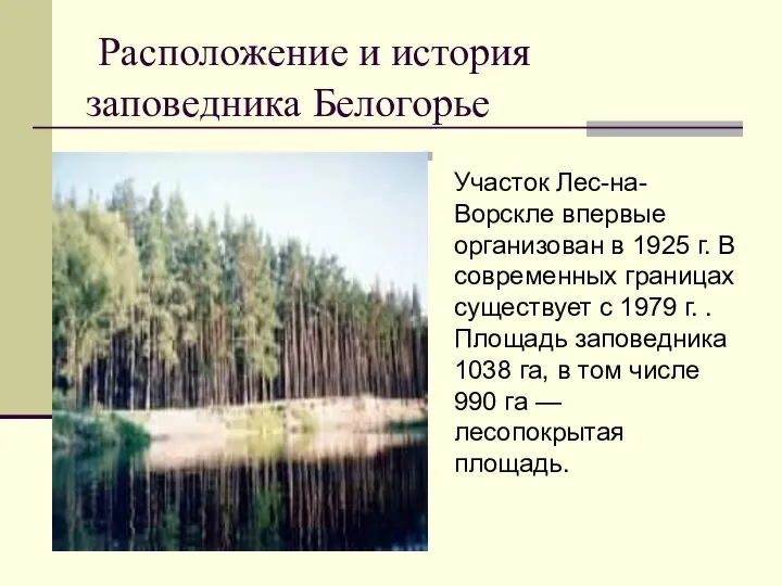 Расположение и история заповедника Белогорье Участок Лес-на-Ворскле впервые организован в 1925