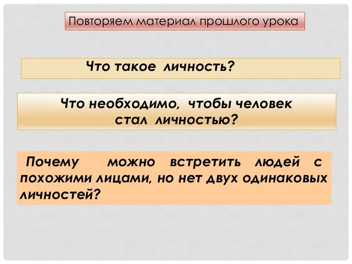 Повторяем материал прошлого урока Что необходимо, чтобы человек стал личностью? Почему